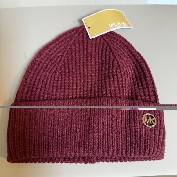 Michael Kors Accessories - Michael Kors Adult Women’s Wine Burgundy Logo Cuff Knit Warm Beanie Hat New